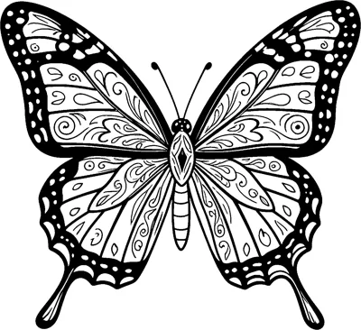 A symmetrical monarch butterfly with spotted black wing edges and wing sections filled with swirls, hearts and leaf patterns.