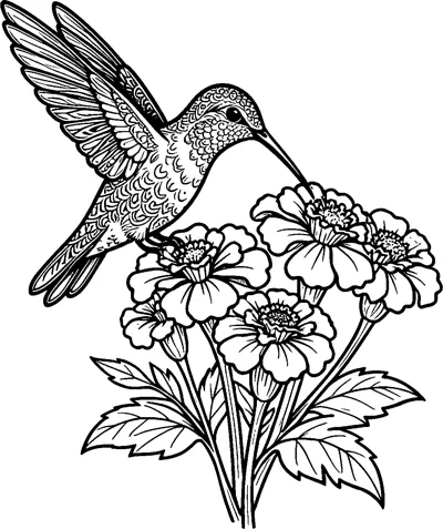 A patterned hummingbird with spread wings drinks nectar from a bunch of marigold flowers.