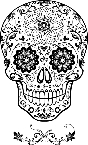 A finely decorated sugar skull with a large flower on its forehead, flower eyes and lacy swirls.