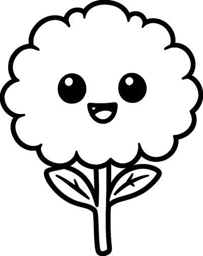 A round, fluffy marigold flower with big shiny eyes and an open smile on a stem with two leaves.