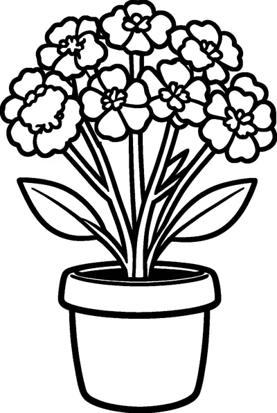 A bunch of round marigold flowers with long stems and two leaves standing in a plain clay pot.