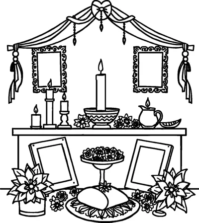 A decorated ofrenda altar with candles, empty picture frames, flowers, a bowl of blooms and a loaf of bread.
