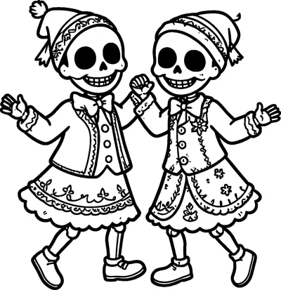 Two smiling cartoon skeletons in hats, bow ties, jackets and embroidered skirts holding hands as they dance.