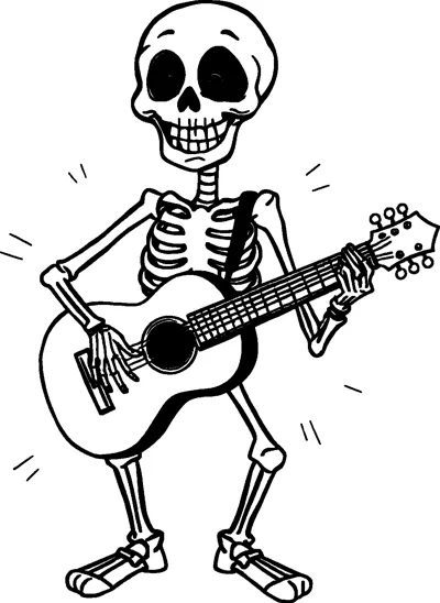 A grinning cartoon skeleton in sandals strums an acoustic guitar, with little motion lines around it.