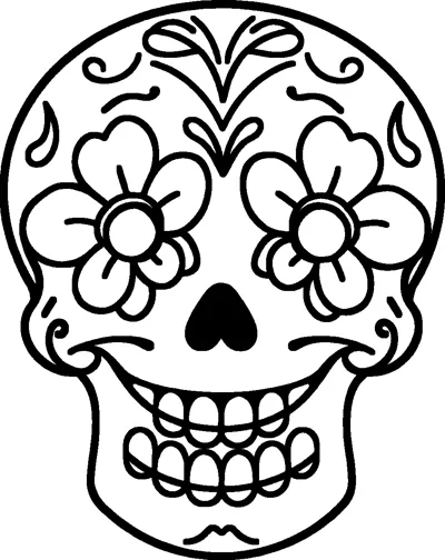 A friendly smiling sugar skull with two big flowers for eyes, a heart nose and simple swirls.