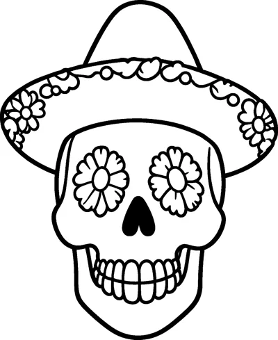 A grinning sugar skull with flower-shaped eyes wears a wide sombrero trimmed with flowers.