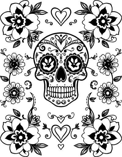A symmetrical design with a decorated sugar skull in the center, surrounded by flowers, hearts and swirls.