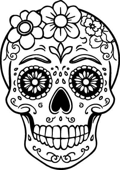 A festive sugar skull with flowers across its top, daisy-patterned eyes, swirls and dot decorations.