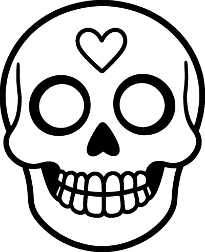A smiling sugar skull with round ring eyes, a small nose, a toothy grin and a heart on its forehead.