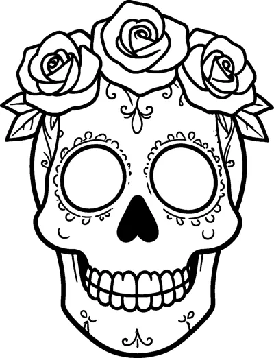 A smiling sugar skull with round eyes, small swirl decorations and a crown of three roses with leaves.