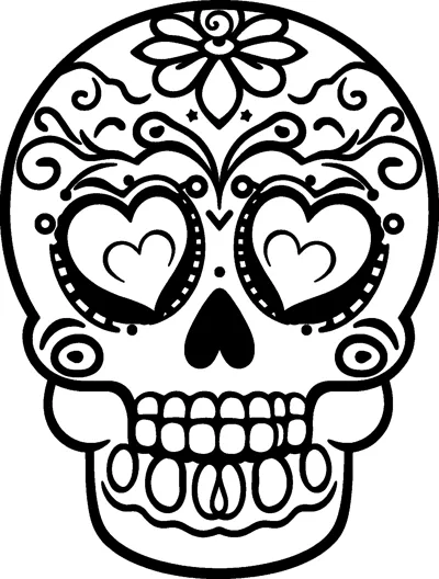 A bold sugar skull with heart-shaped eyes, a flower on its forehead, curly swirls and a heart nose.