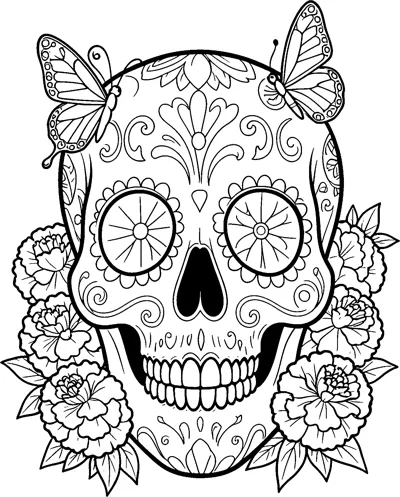 A large decorated sugar skull with swirl patterns and flower-wheel eyes, two butterflies on top and marigolds at the sides.