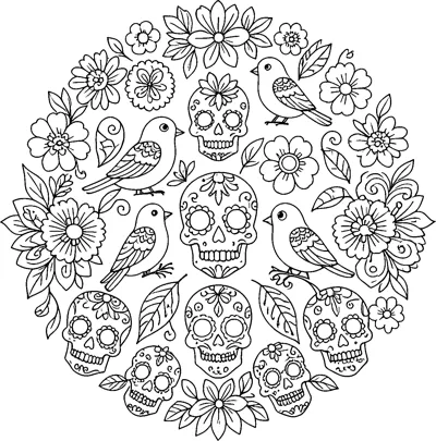 A round design of decorated sugar skulls, songbirds, flowers and leaves.