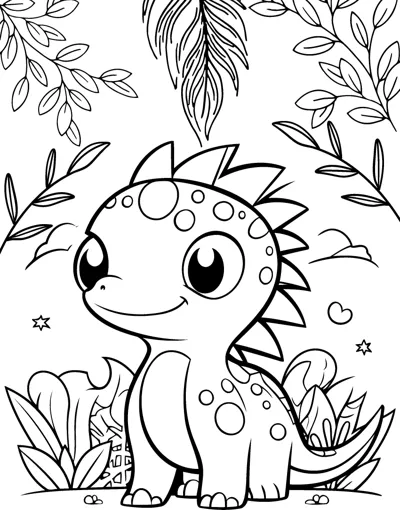 A spotted baby dinosaur with a spiky back sits among leaves and ferns.
