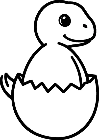 A smiling baby dinosaur pokes its head and body out of a big cracked egg with a zigzag edge.