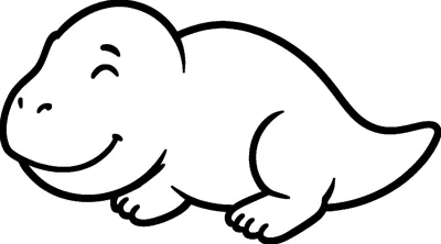 A baby dinosaur lies down with its eyes closed and a gentle smile, sleeping peacefully with its tail stretched out.