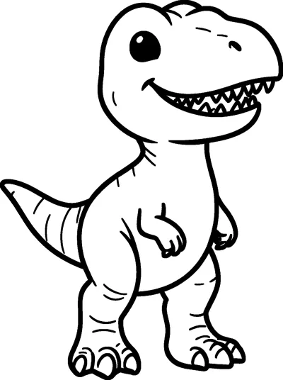 A chubby baby T-rex stands upright on two legs, smiling widely with its tiny arms held out.