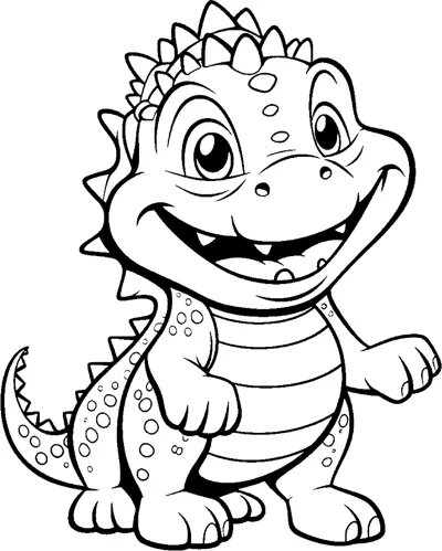 A large spotted dinosaur with a wide grin and spiky back stands facing forward.