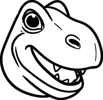 A large close-up T-rex head with a round eye, a wide open smile and small pointed teeth.