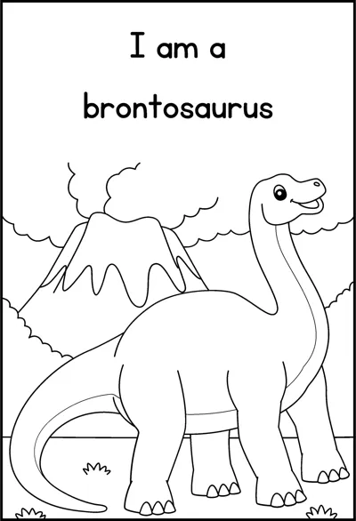 A brontosaurus with a long neck stands in front of an erupting volcano under the words I am a brontosaurus.