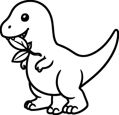A cute dinosaur standing on two legs munches a leafy twig held in its mouth, with small arms and a long tail.