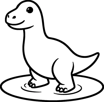 A cute long neck dinosaur stands in a round rain puddle with little ripples around its feet.