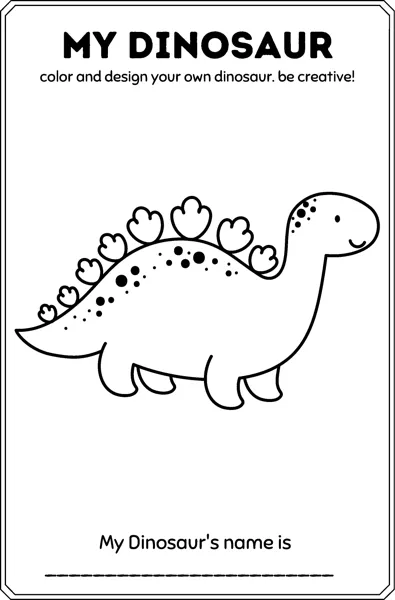 A simple stegosaurus outline with spots under the heading My Dinosaur, with a line to write its name.