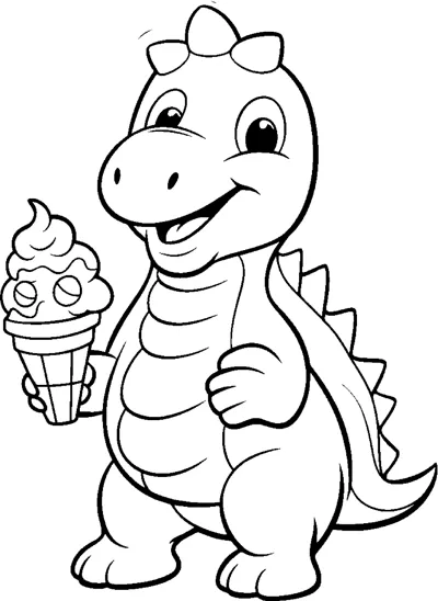 A smiling dinosaur with a striped belly holds an ice cream cone.