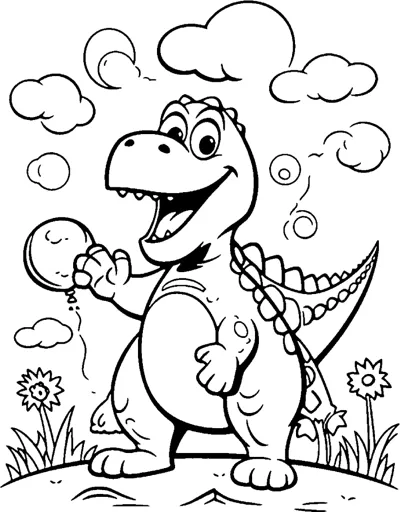 A grinning dinosaur holds a balloon string among clouds and flowers.