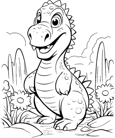 A smiling dinosaur sits in a field with flowers, rocks and cactus-like plants behind.