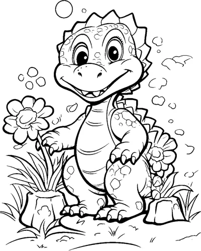 A dinosaur stands in tall grass with flowers and bubbles around it.
