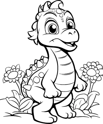 A dinosaur with a spiky back walks between sunflowers.
