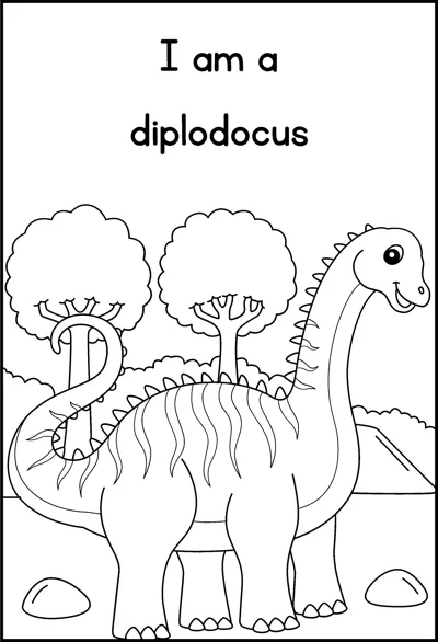 A long-necked diplodocus stands among trees under the words I am a diplodocus.