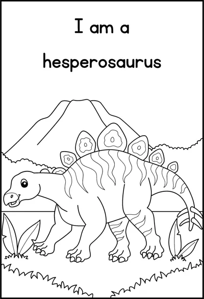 A hesperosaurus with rows of back plates walks past a hill under the words I am a hesperosaurus.
