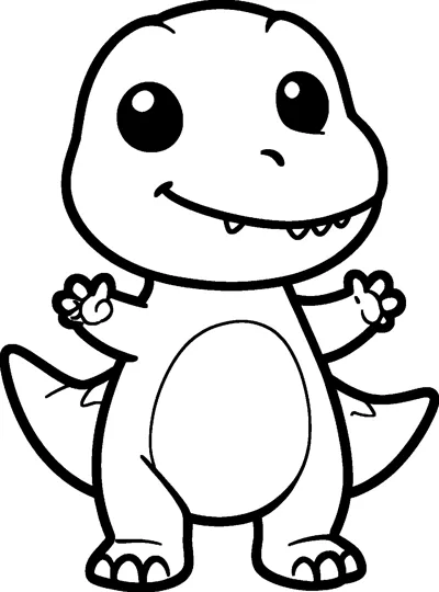 A round kawaii T-rex with huge eyes and a small smile waves both tiny arms in the air.
