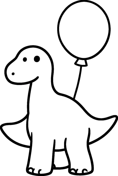 A happy long neck dinosaur with a big smile stands on four legs with a round balloon floating from its back.