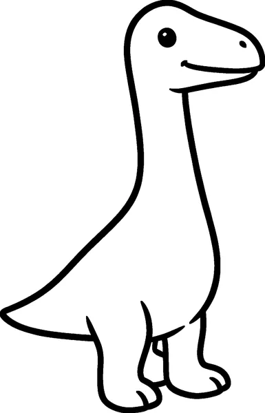 A smiling long neck dinosaur standing tall with a stretched-up neck, short legs and a pointed tail.