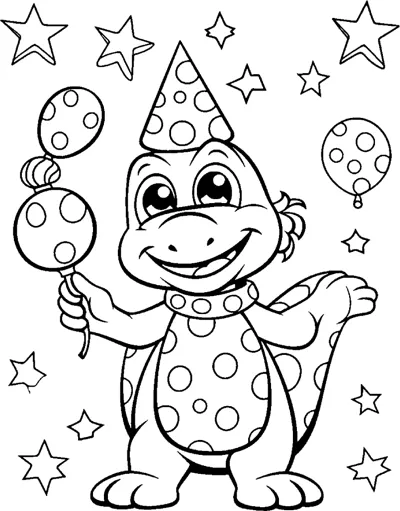 A spotted dinosaur in a party hat holds balloons with stars around it.