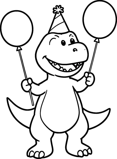 A smiling T-rex wears a pointed party hat and holds a round balloon on a string in each hand.