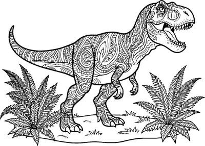 A T-rex covered in swirling patterns walks between large ferns and tufts of grass in a prehistoric jungle.