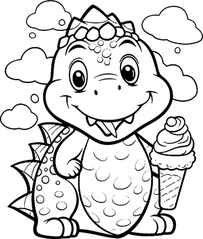 A spotted dinosaur with a frilled back stands beside a cupcake with clouds above.