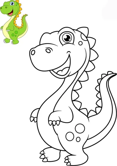A big spotted dinosaur with a spiky back stands smiling, with a small colored dinosaur shown in the corner.