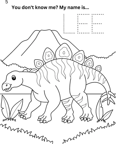A stegosaurus walks past a mountain and plants, with the name Lee in dotted letters to trace above.