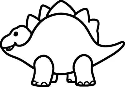 A smiling stegosaurus with a row of big pointed plates along its back, four chunky legs and a long tail.
