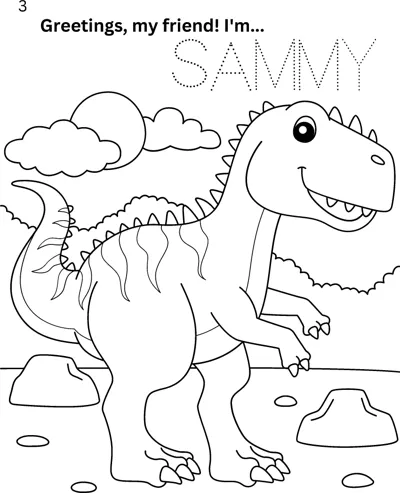A T-rex stands on rocky ground with clouds, with the name Sammy in dotted letters to trace above.