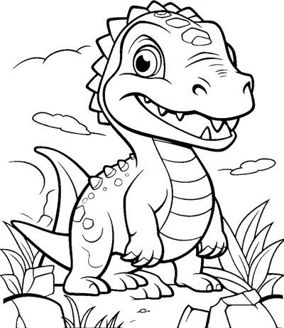 A T-rex with an open mouth stands among plants with clouds above.