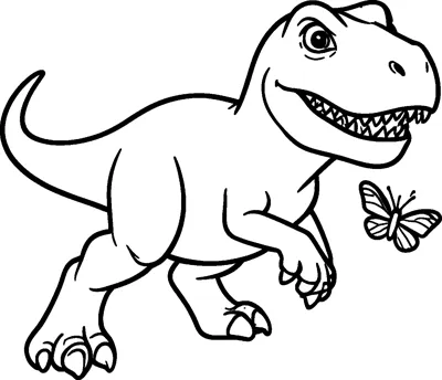A cartoon T-rex runs forward with its mouth open, reaching out toward a small butterfly flying ahead of it.