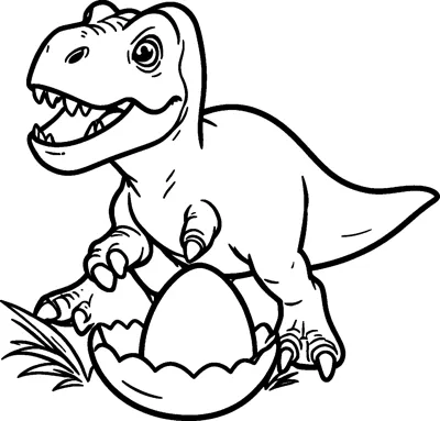 A small T-rex with an open mouth climbs out of a cracked eggshell sitting on a tuft of grass.