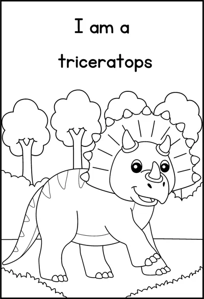 A triceratops with three horns and a frill walks past trees under the words I am a triceratops.