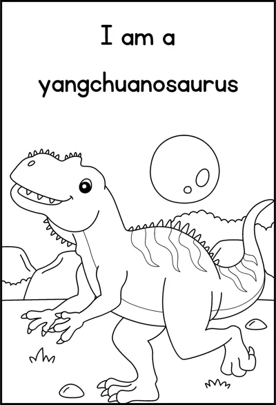 A yangchuanosaurus runs with mouth open under a large moon and the words I am a yangchuanosaurus.